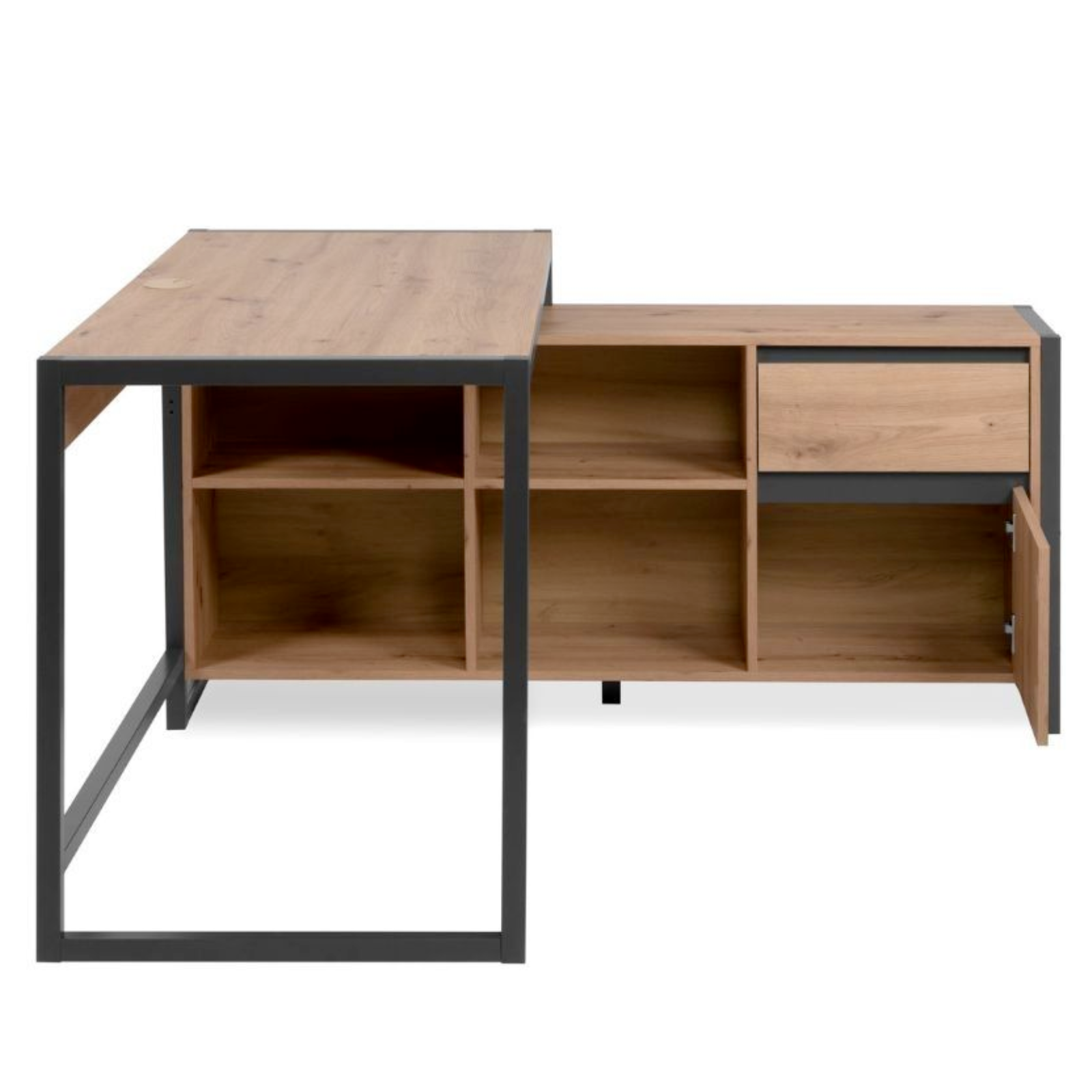Scrivania angolare da ufficio o cameretta in legno color quercia con profili antracite