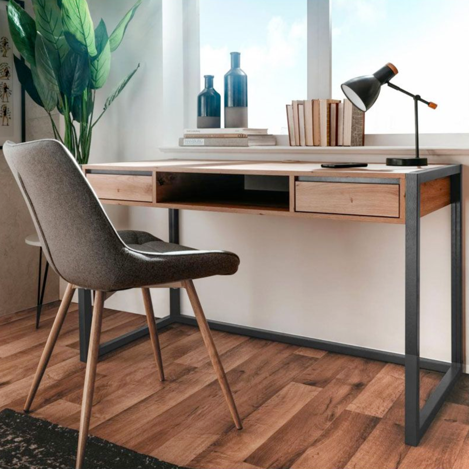 Scrivania con cassetti color quercia e antracite da ufficio o cameretta