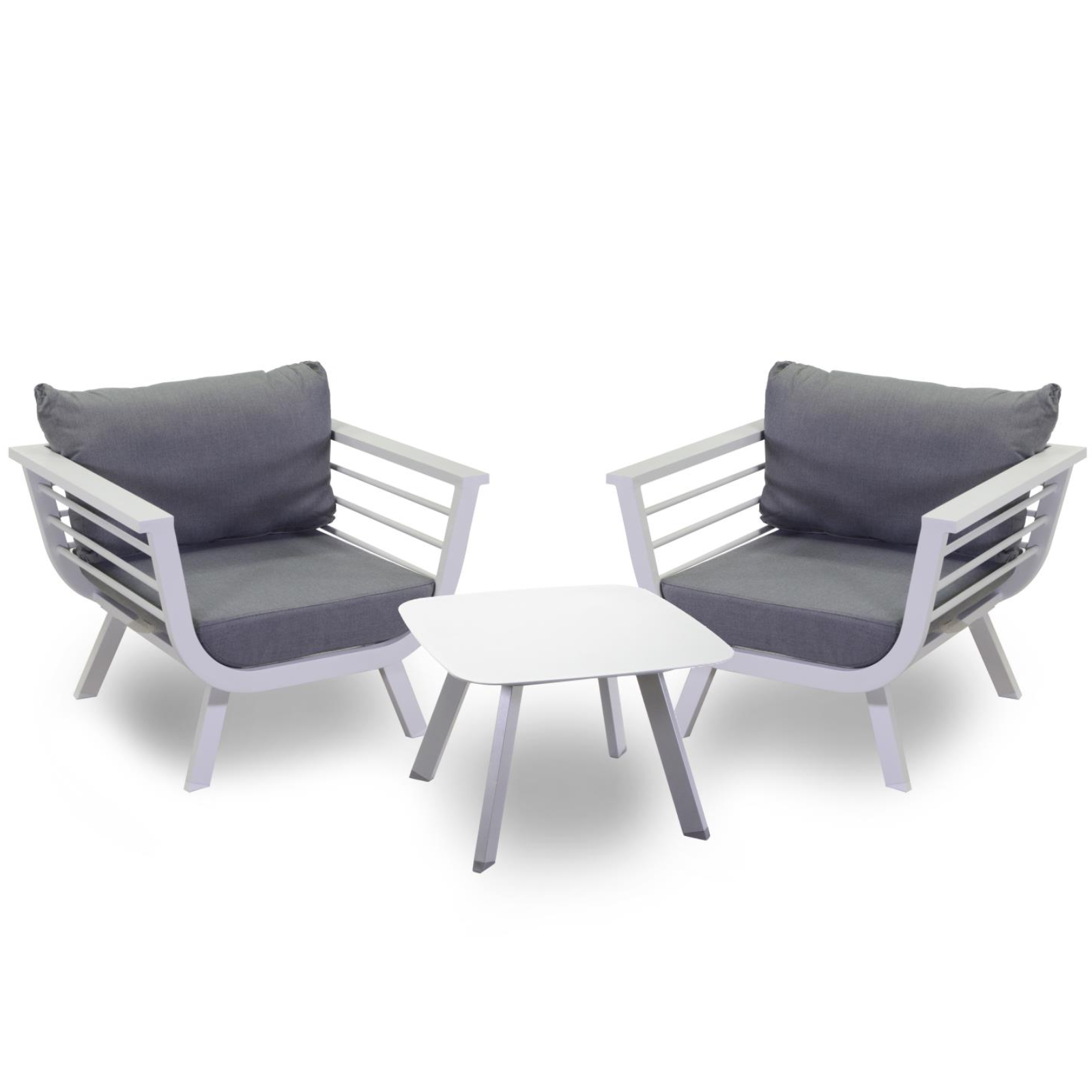 Salotto da esterno in alluminio bianco 2 poltrone con cuscini e 1 tavolino - Riversida