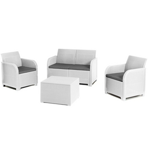 Salottino da esterno bianco 4 posti con cuscini in resina antiurto finitura polirattan - Rosali