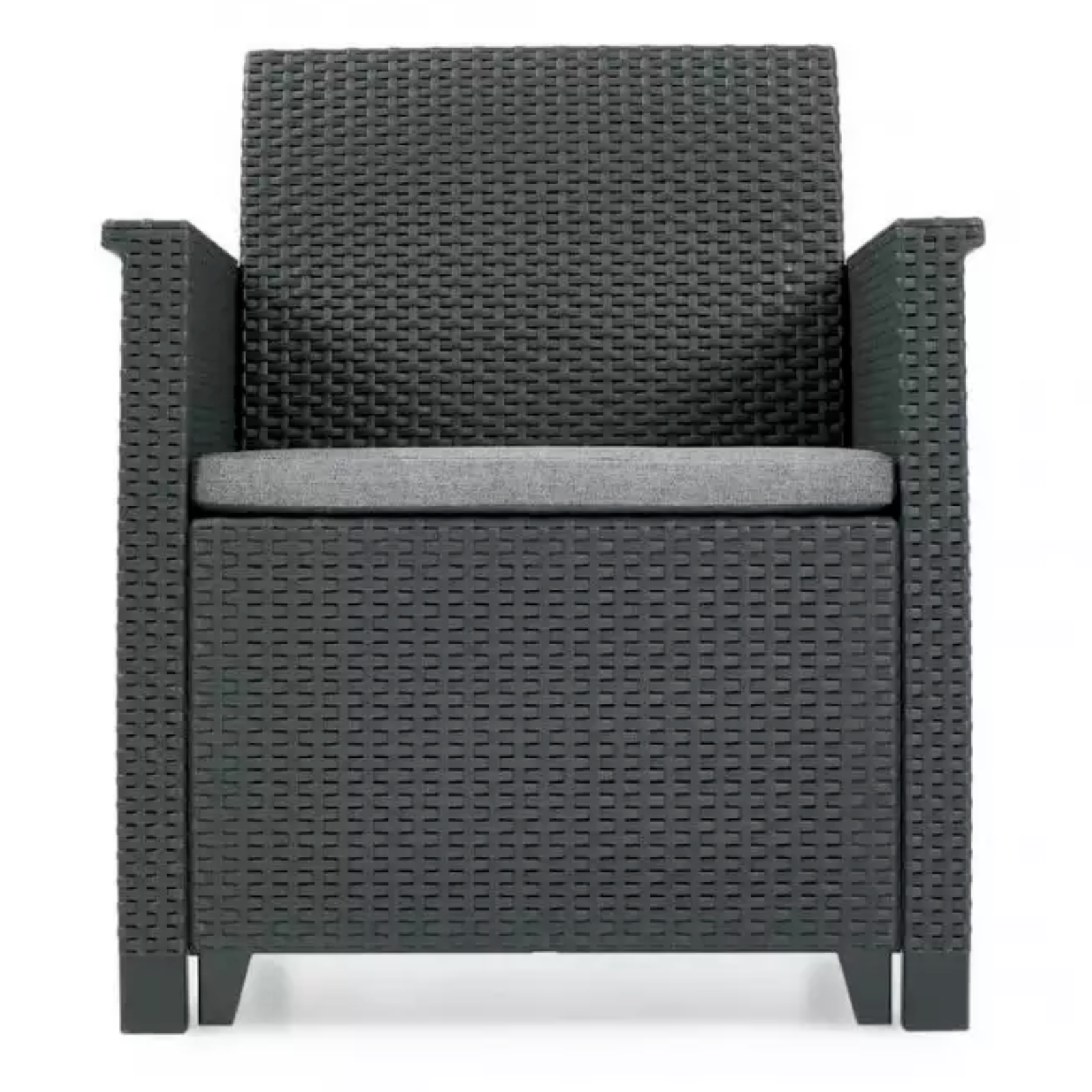 Salotto da esterno con divano angolare e tavolino contenitore in resina con finitura rattan antracite dotato di cuscini