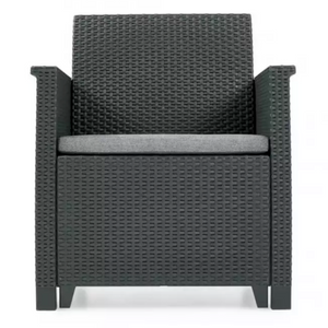 Salotto da esterno con divano angolare e tavolino contenitore in resina con finitura rattan antracite dotato di cuscini