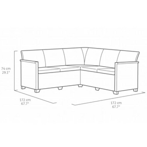 Salotto da esterno con divano angolare e tavolino contenitore in resina con finitura rattan antracite dotato di cuscini