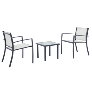 Salottino da esterno o giardino composto da 2 poltroncine singole e 1 tavolino realizzati in acciaio verniciato e texitilene