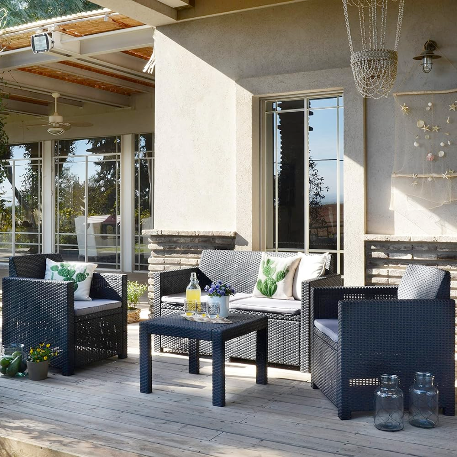 Salottino da giardino o esterno in resina antiurto con finitura polirattan 4 posti con tavolino antracite