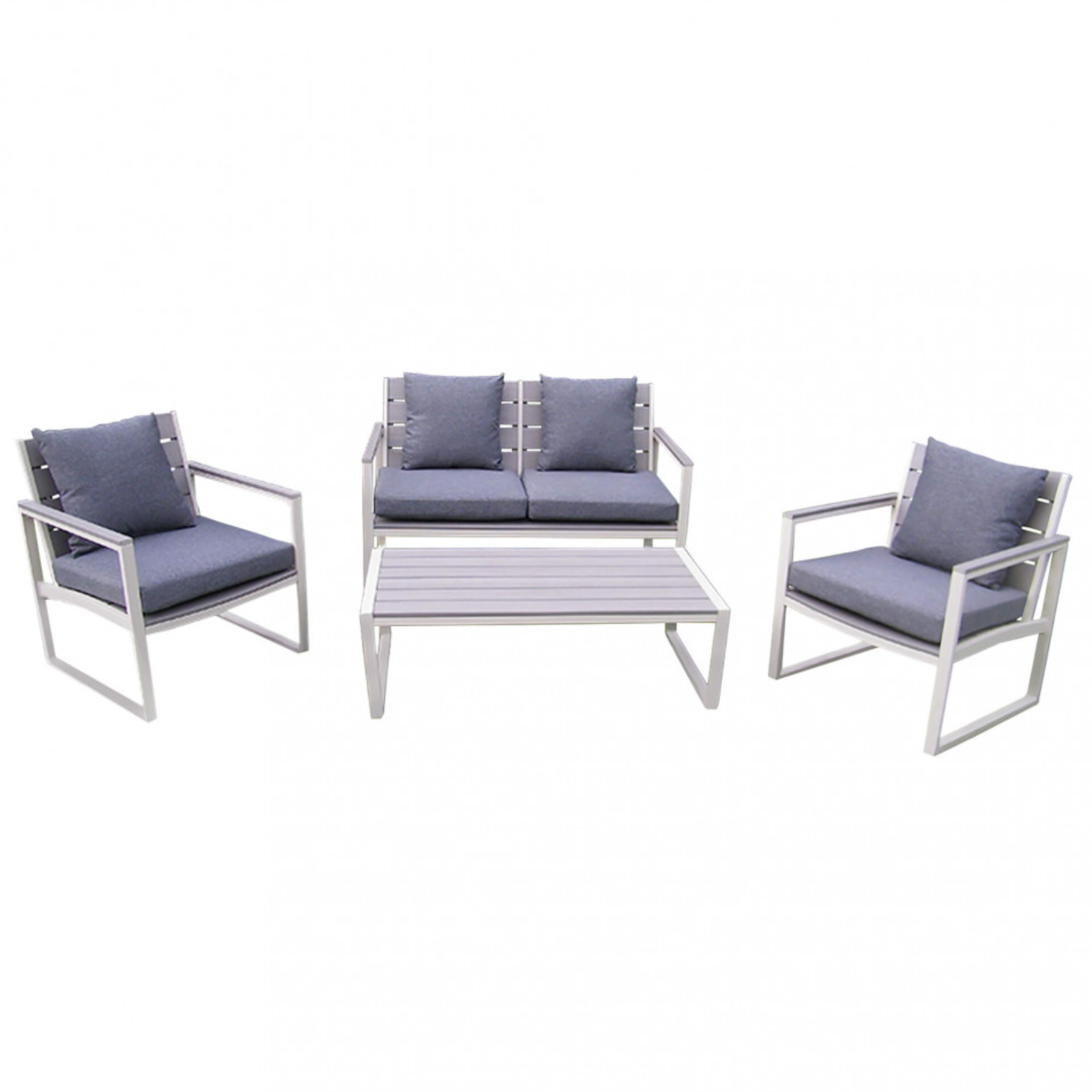 Set relax da giardino tortora divano 2 poltrone con cuscini e tavolino rettangolare in alluminio - Policoro