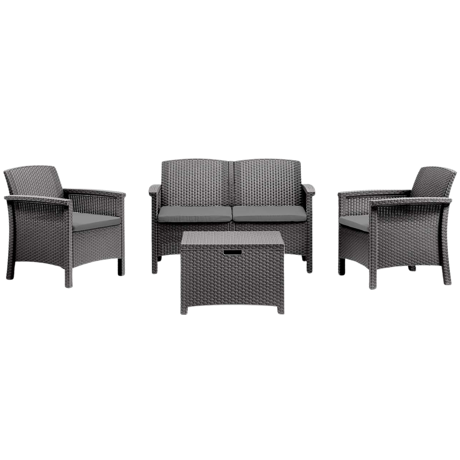 Salottino da giardino esterno in resina 4 posti con finitura rattan dotato di 1 divano 2 posti, 2 poltrone monoposto ed un tavolino contenitore