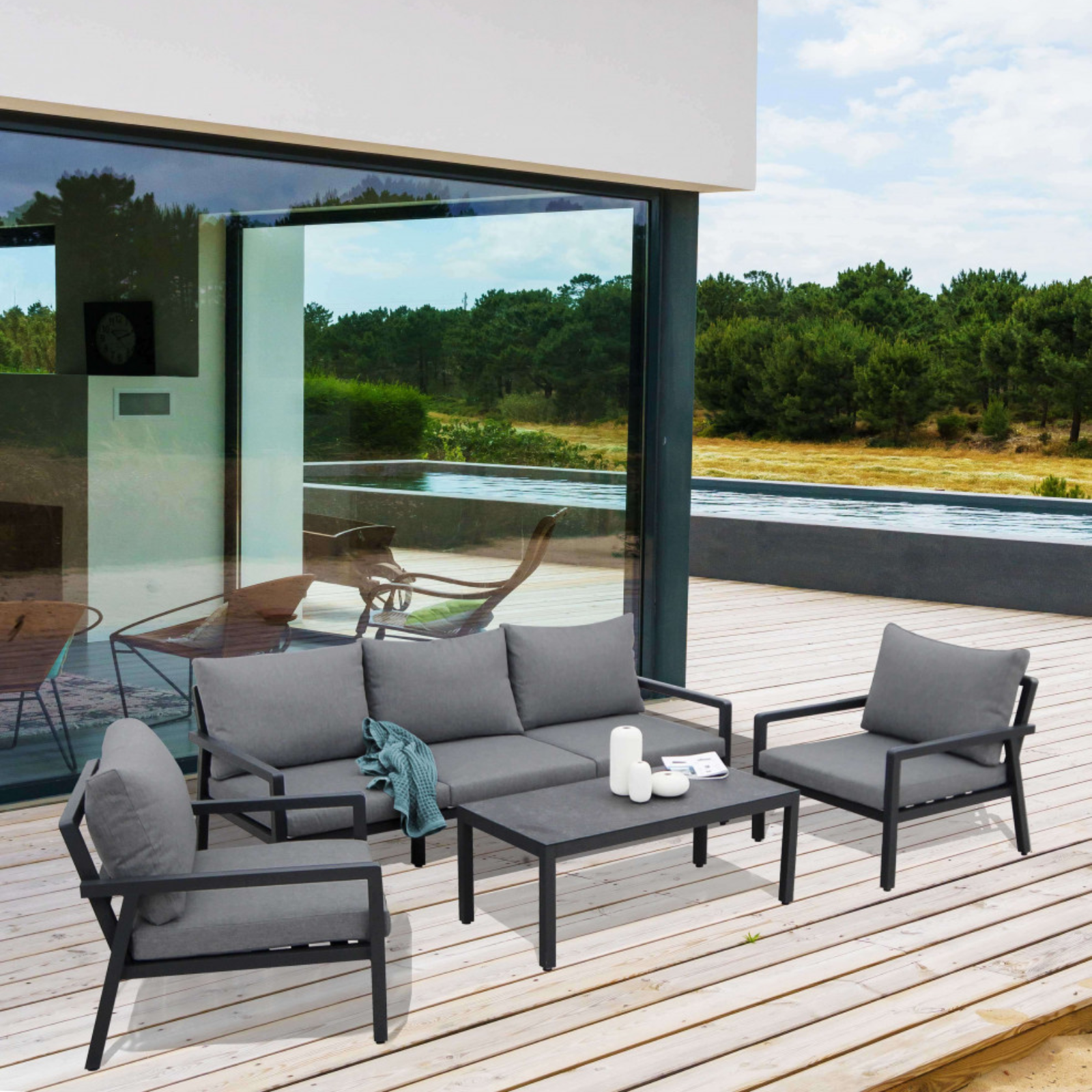 Set relax da esterno 5 posti in alluminio antracite con cuscini in poliestere - Santo Domingo