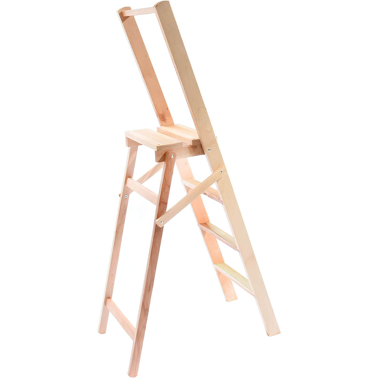 Scala in legno per uso domestico con 4 gradini zigrintati antiscivolo e barra di sicurezza per appoggio