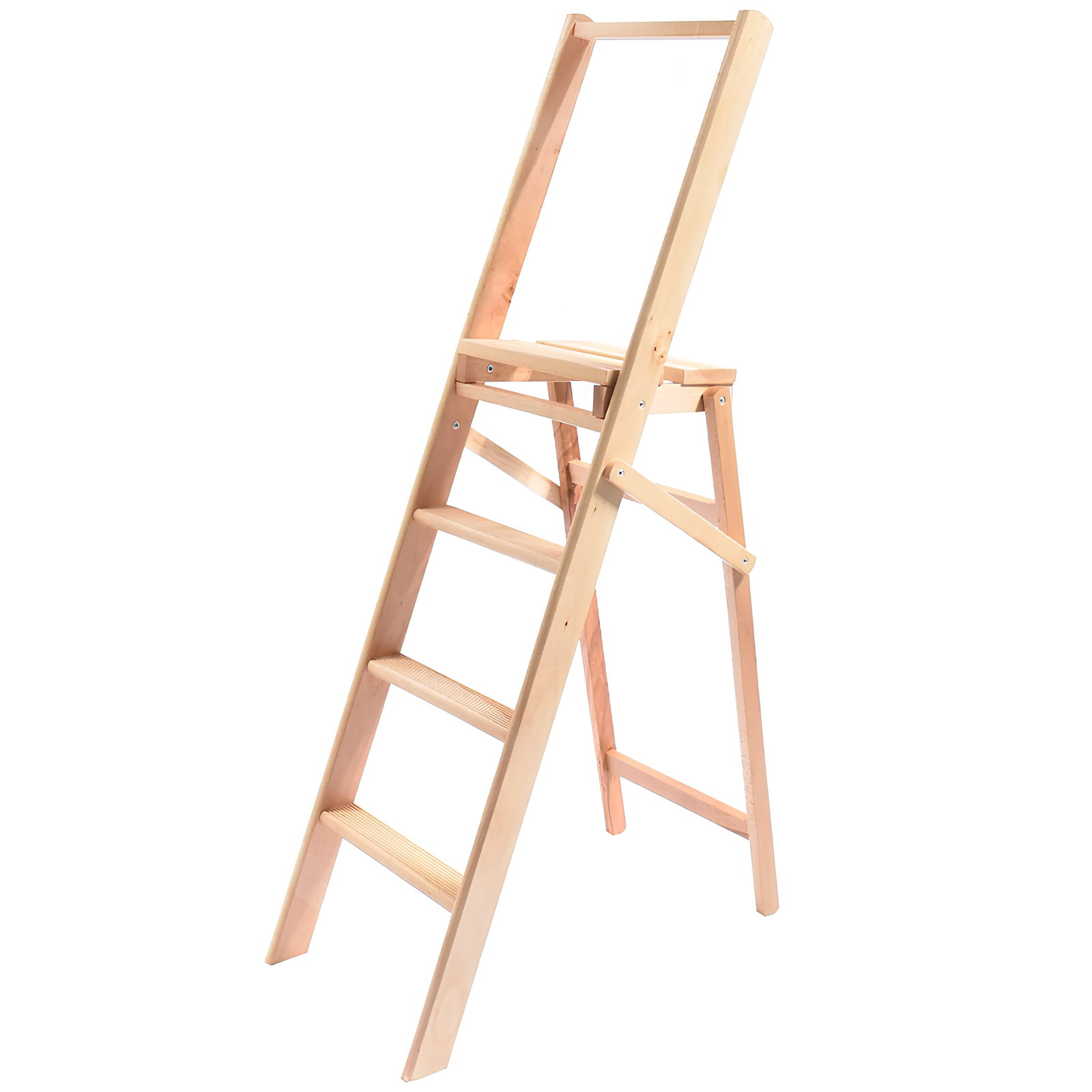 Scala in legno per uso domestico con 4 gradini zigrintati antiscivolo e barra di sicurezza per appoggio