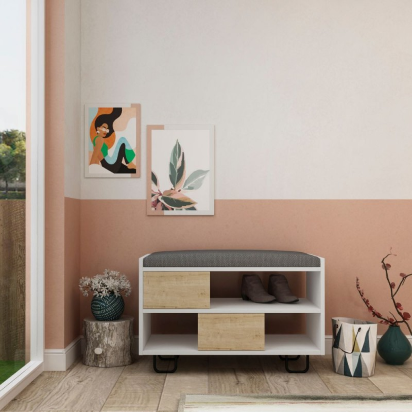 Panca Scarpiera design moderno con 2 ante a ribalta rovere e 3 vani a giorno bianco - Tronny