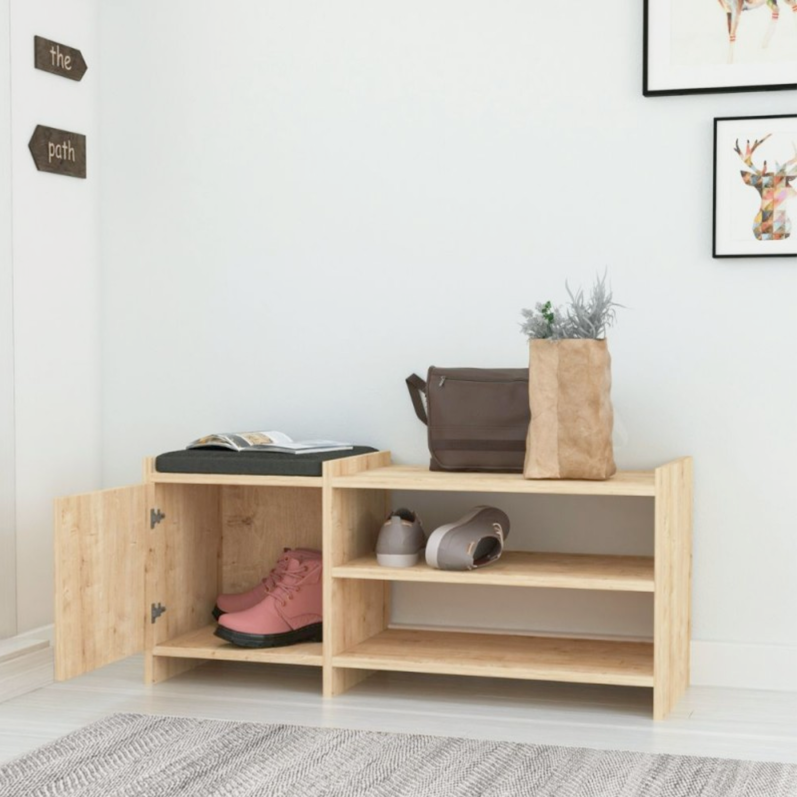 Scarpiera con panca "Sunno" Rovere Oak 1 anta 3 ripiani e cuscino imbottito