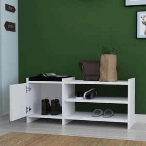 Scarpiera con panca "Sunno" bianco 1 anta 3 ripiani e cuscino imbottito