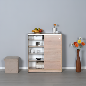 Scarpiera in legno con 4 ripiani regolabili e ante scorrevoli rovere - Ammi