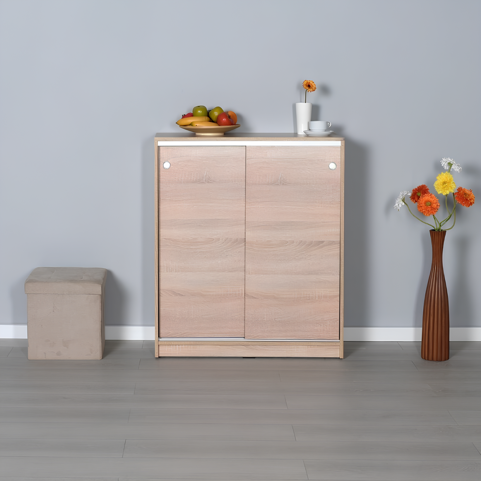 Scarpiera in legno con 4 ripiani regolabili e ante scorrevoli rovere - Ammi