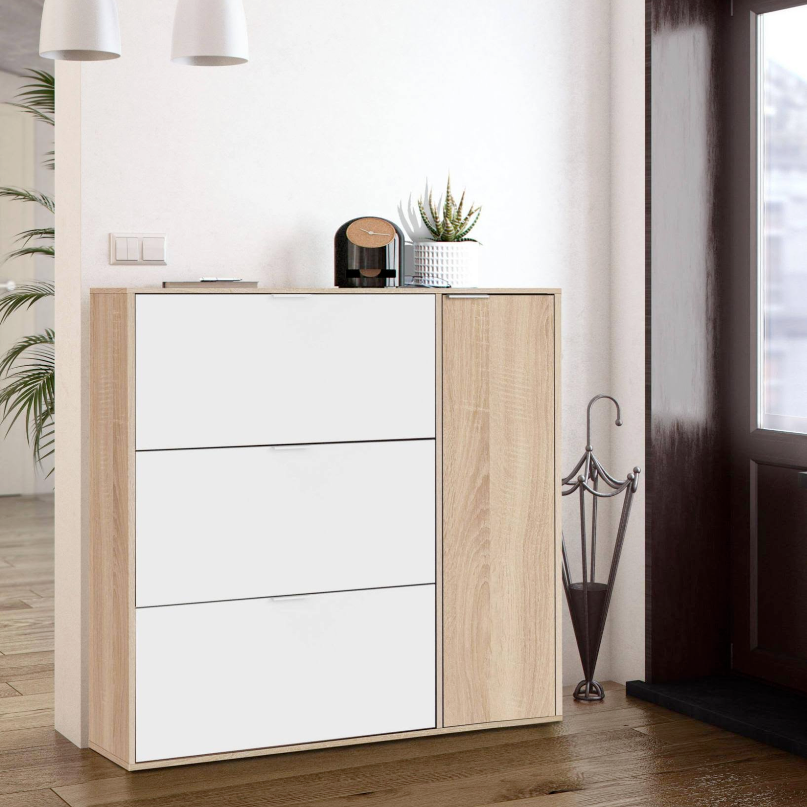 Scarpiera multiuso in legno con 3 ante a ribalta doppio vano e 1 anta con ripiani rovere e bianco