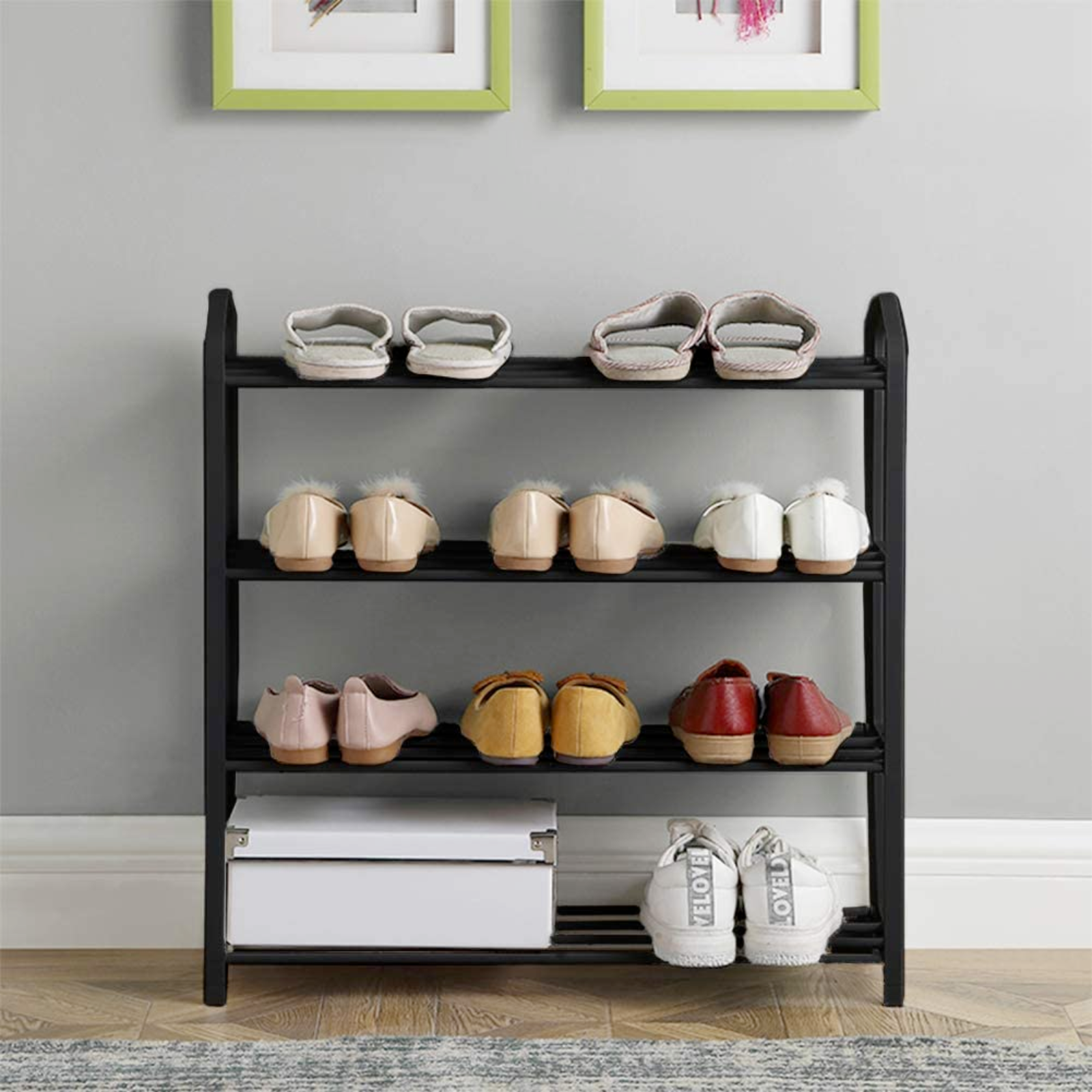 Scarpiera salvaspazio con struttura in plastica e 4 ripiani in acciaio nero