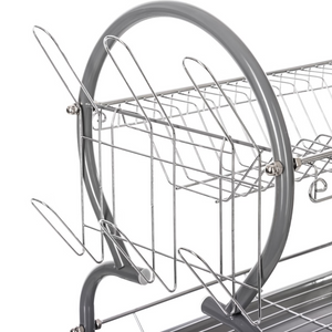 Scolapiatti in metallo a 2 ripiani con vassoio grigio per piatti posate e bicchieri - Naki