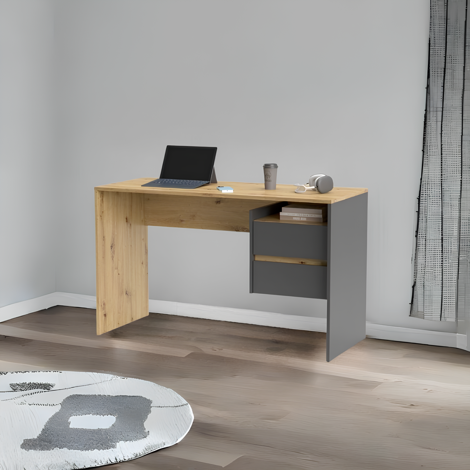 Scrivania da ufficio o cameretta con 2 cassetti design moderno color rovere e antracite - Norman