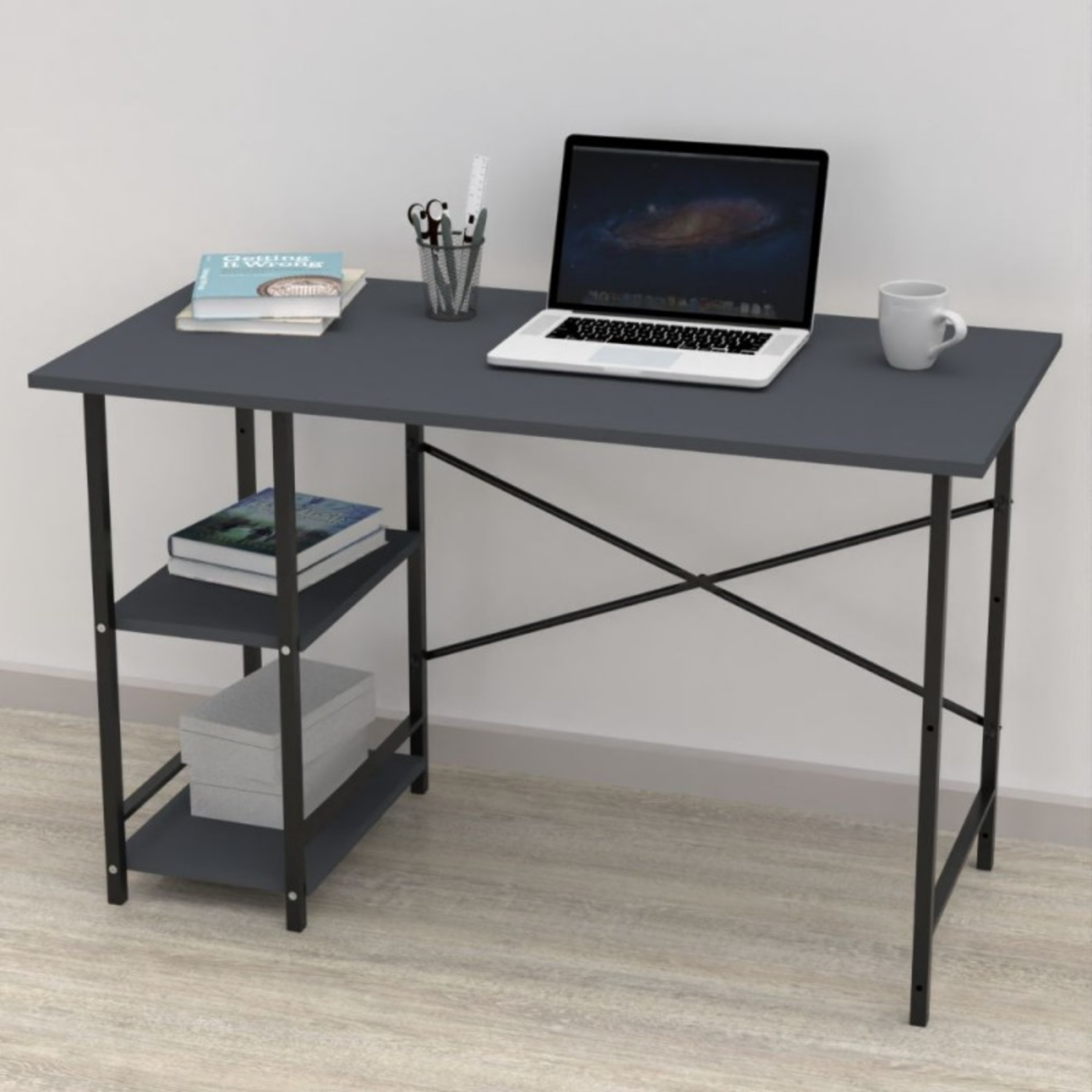 Scrivania 120x72H design moderno antracite con 2 ripiani - Rimi