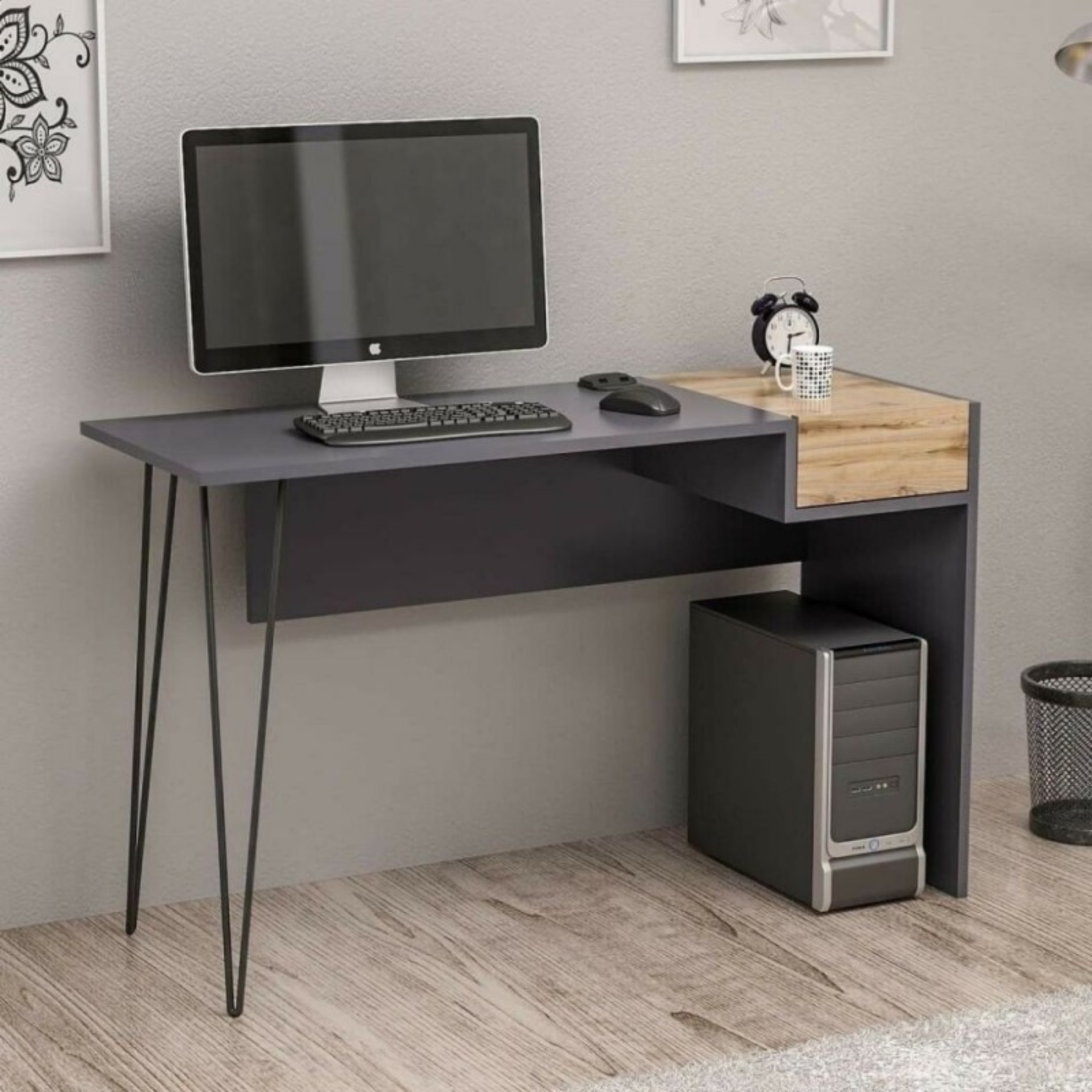 Scrivania 121x76H design moderno antracite e noce struttura in metallo - Canni