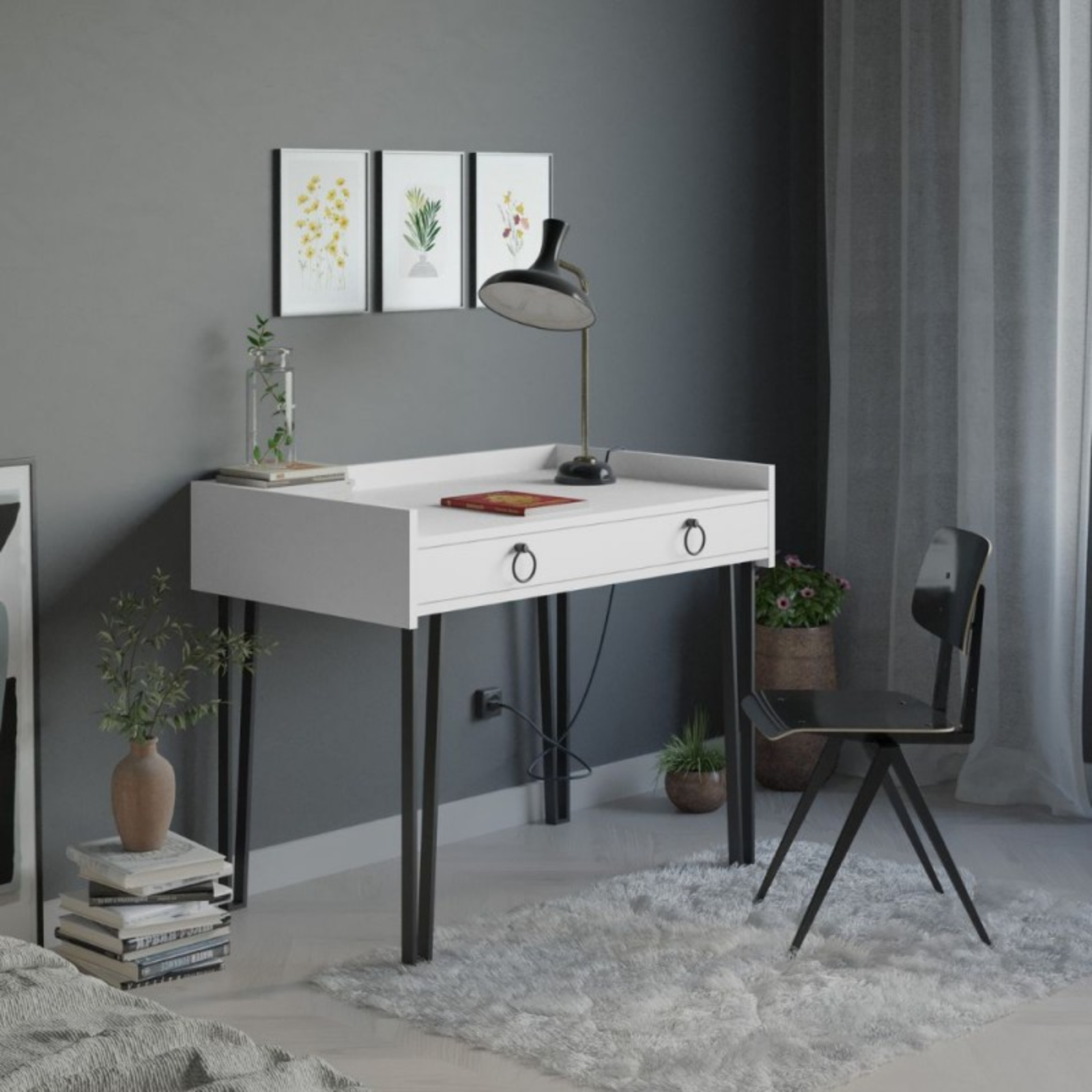 Scrivania 100x81H design moderno bianco con dettagli antracite - Spong