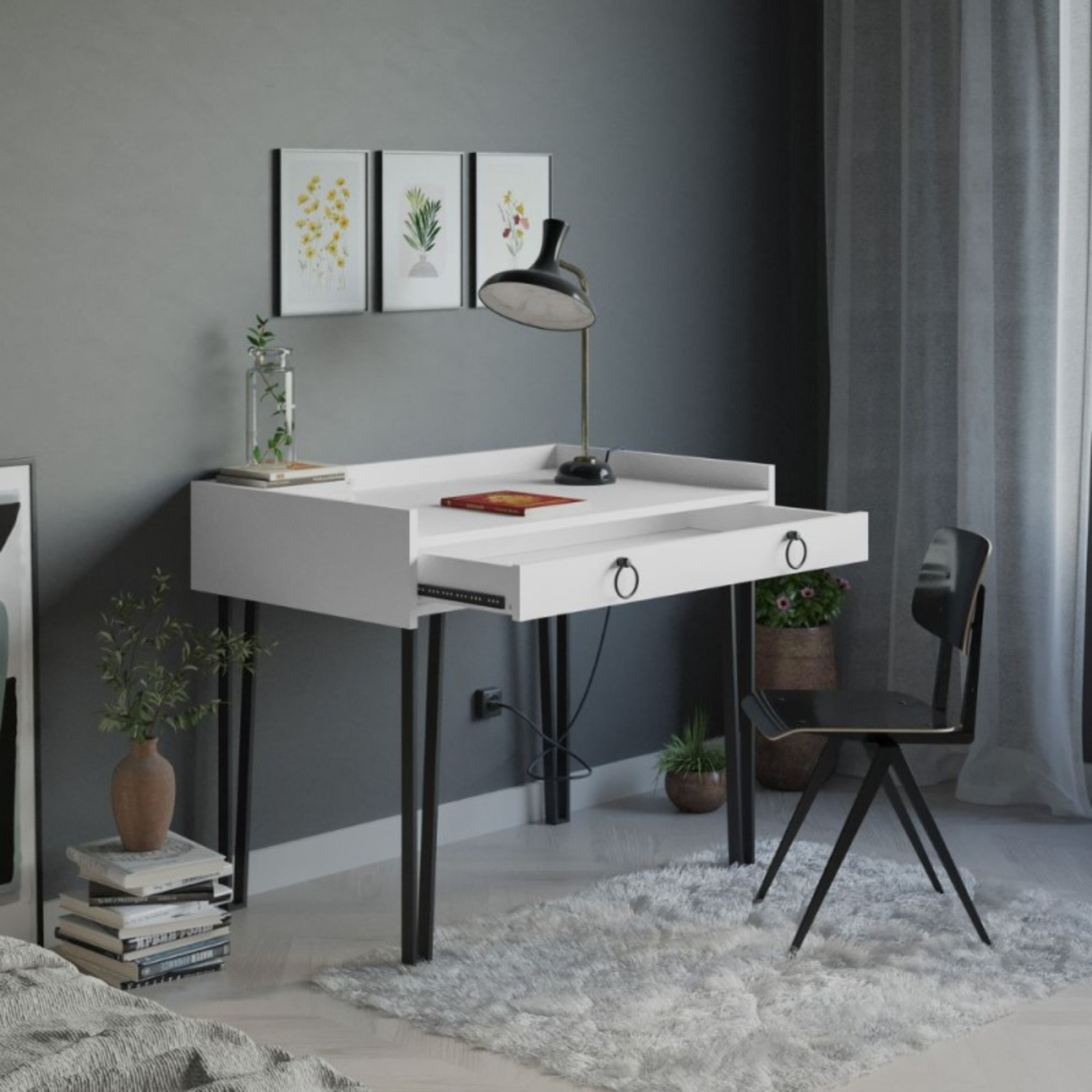 Scrivania 100x81H design moderno bianco con dettagli antracite - Spong