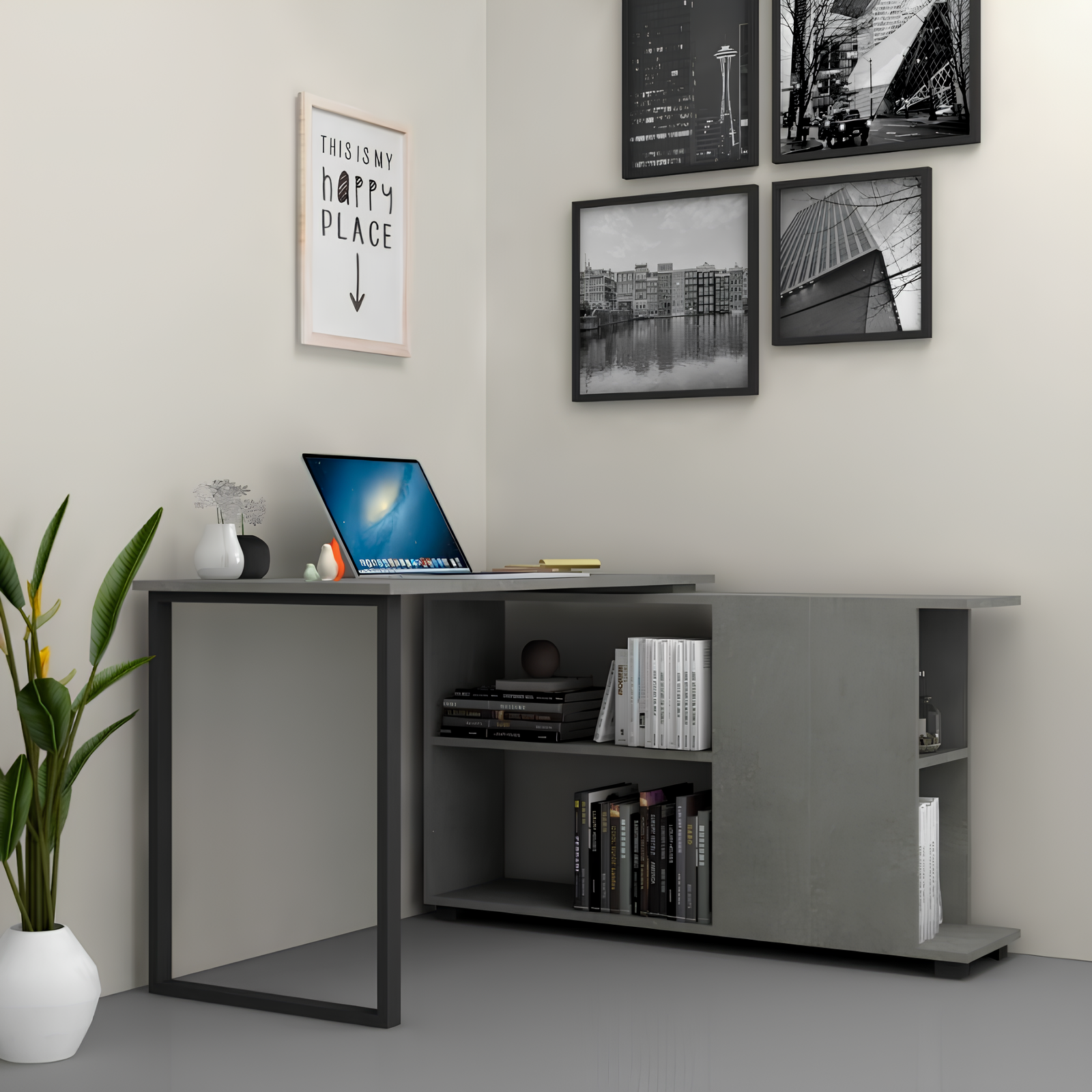 Scrivania da ufficio o cameretta cemento reversibile con libreria 120x60 - Moa