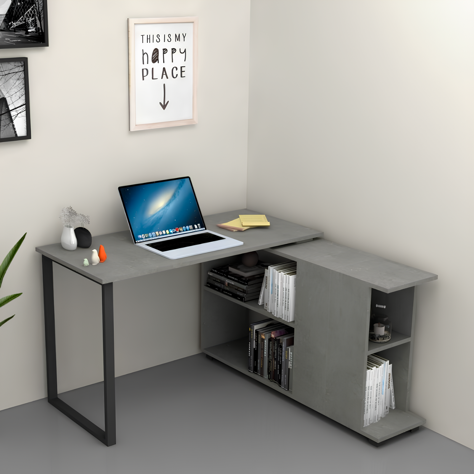 Scrivania da ufficio o cameretta cemento reversibile con libreria 120x60 - Moa