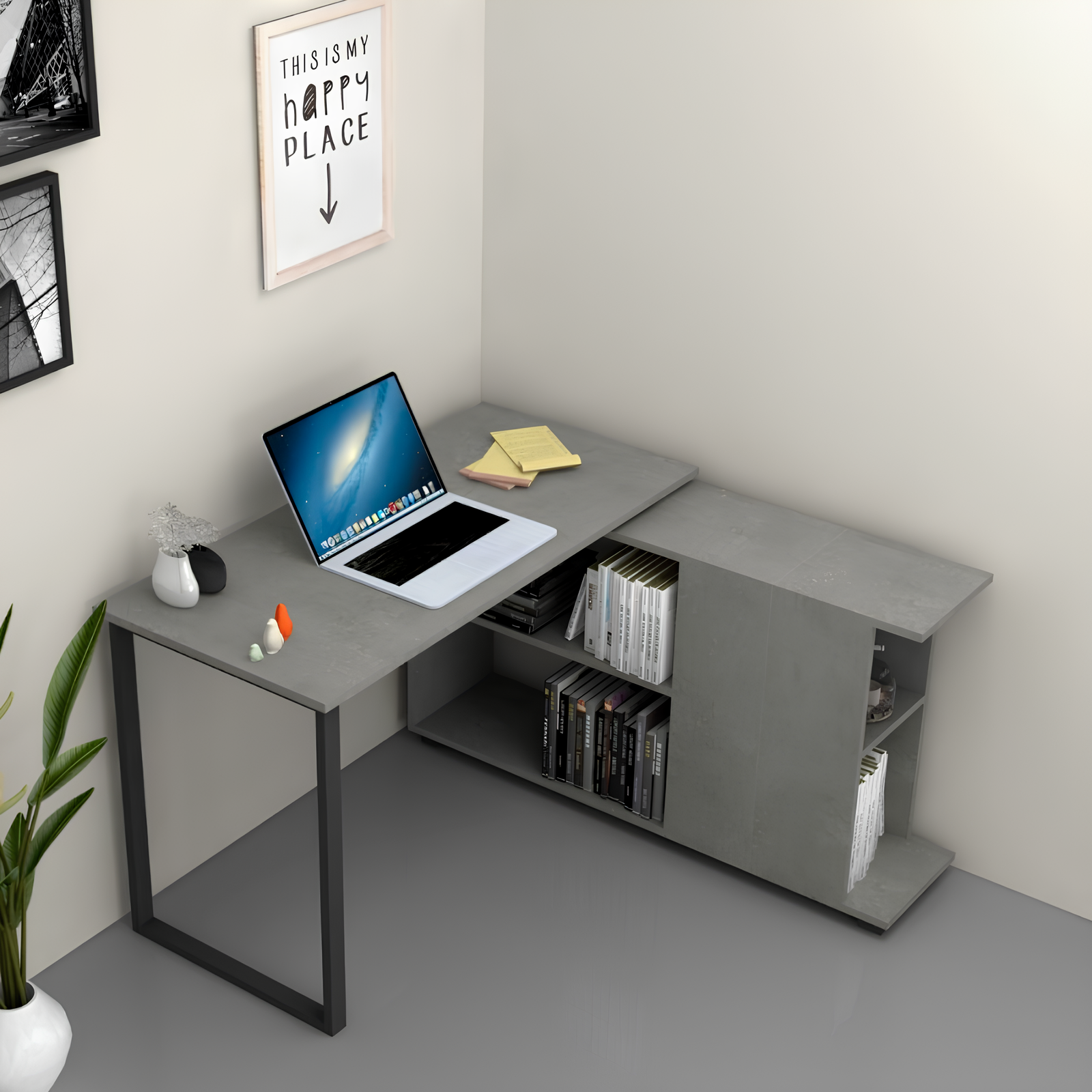 Scrivania da ufficio o cameretta cemento reversibile con libreria 120x60 - Moa