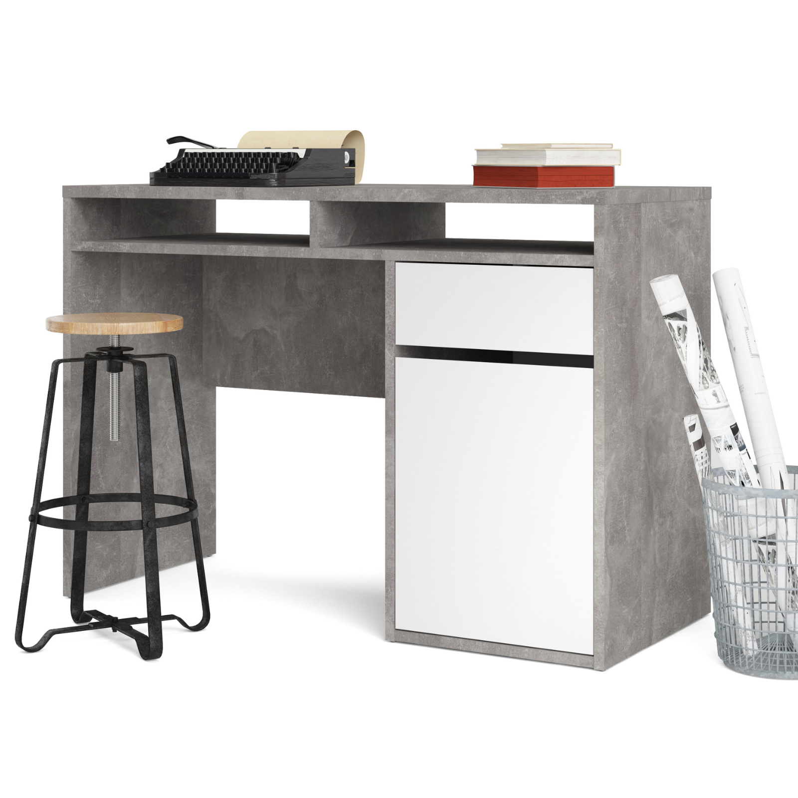 Scrivania da cameretta o ufficio "Marana" con anta e cassetti design moderno color cemento e bianco