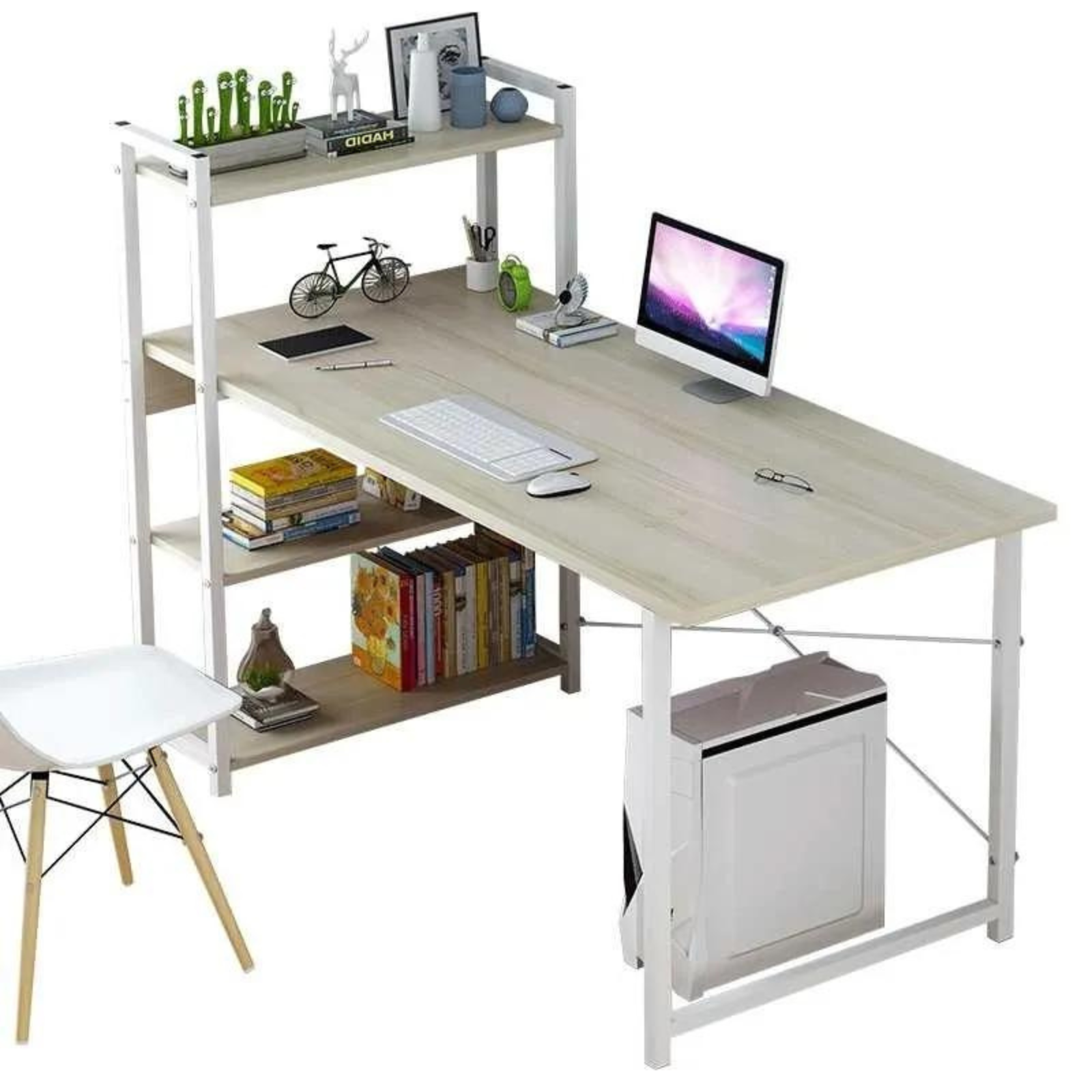 Scrivania da cameretta "Sofi" in legno con libreria design moderno color rovere e bianco