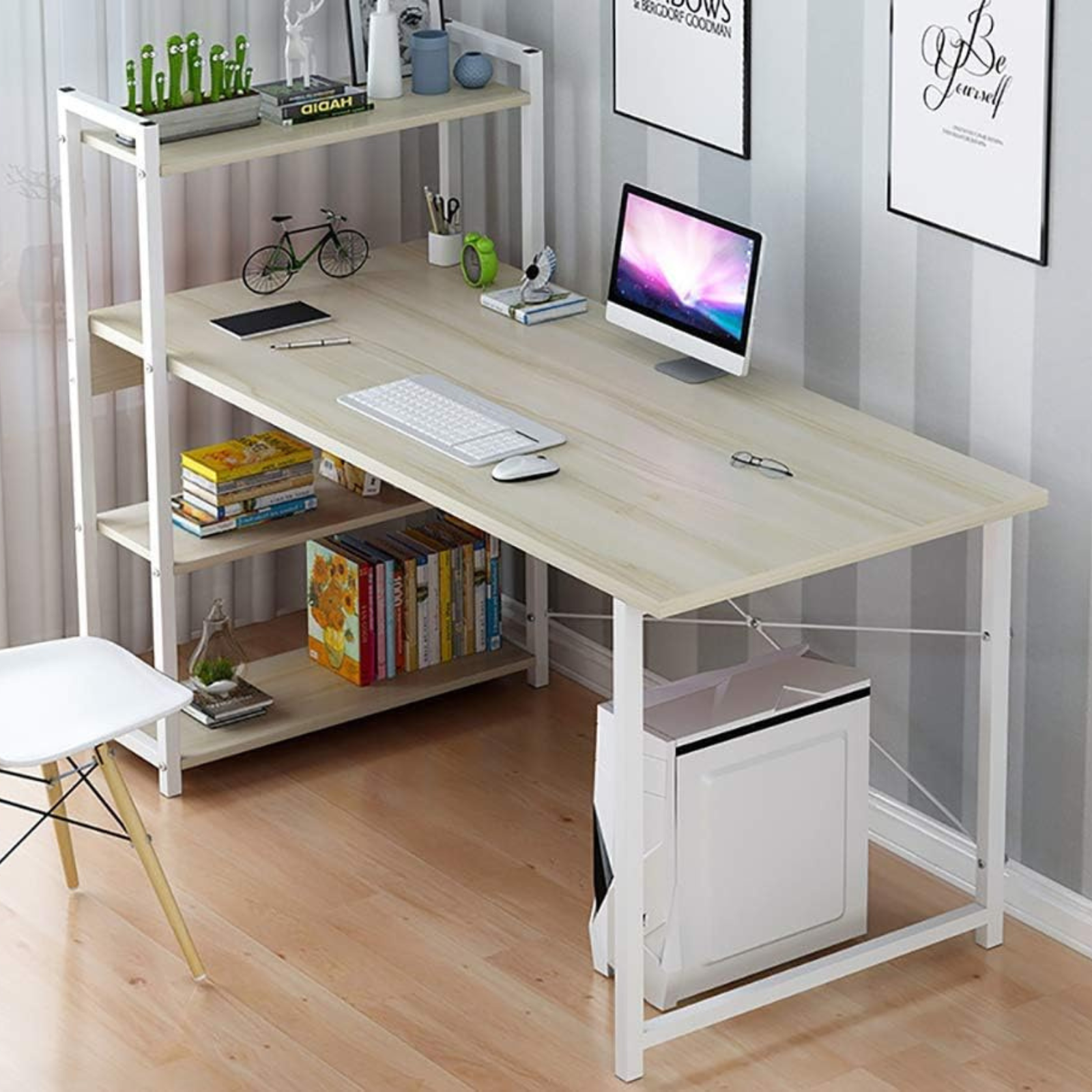 Scrivania da cameretta "Sofi" in legno con libreria design moderno color rovere e bianco
