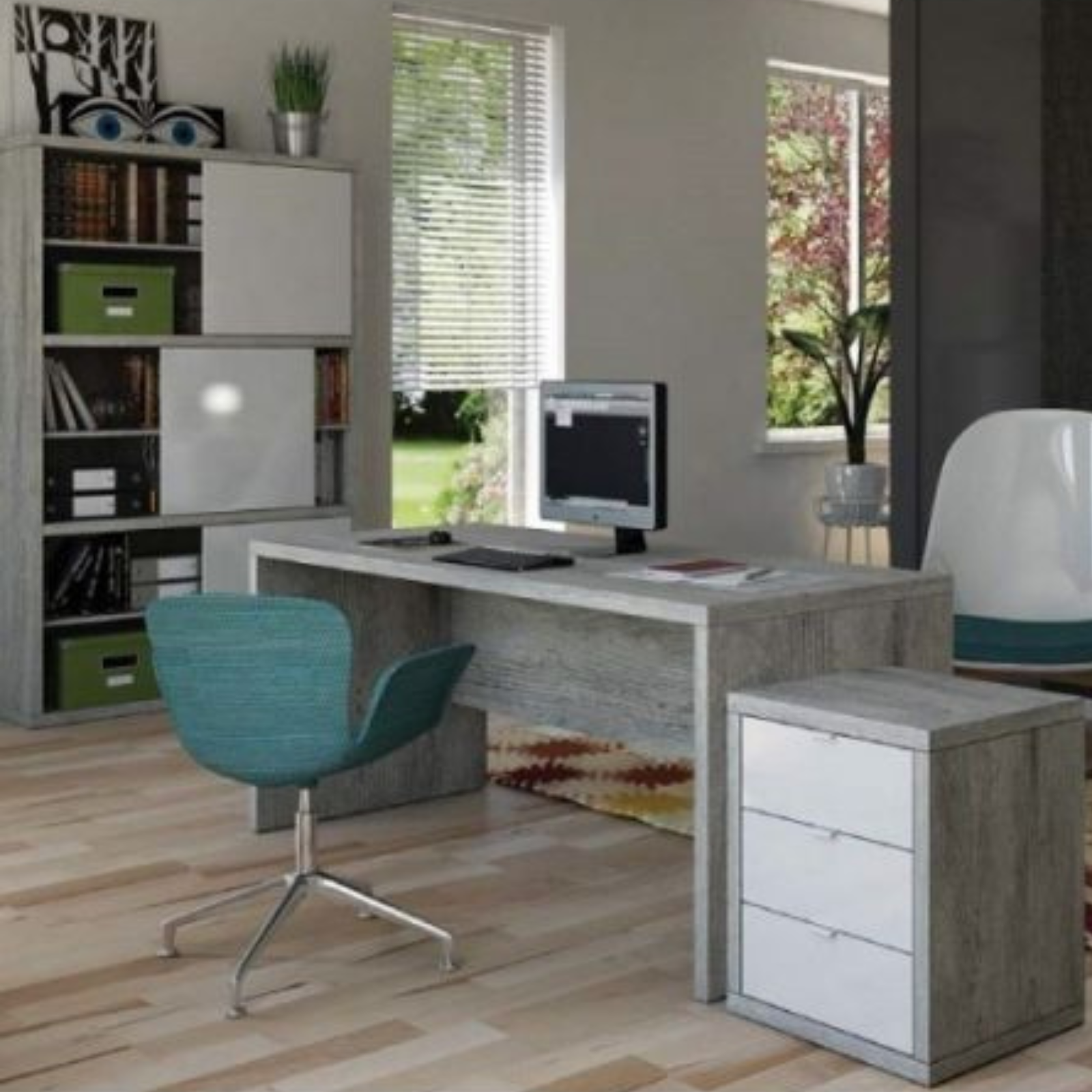 Scrivania da ufficio "Nogales" color cemento in legno con traverso 180x69xh74