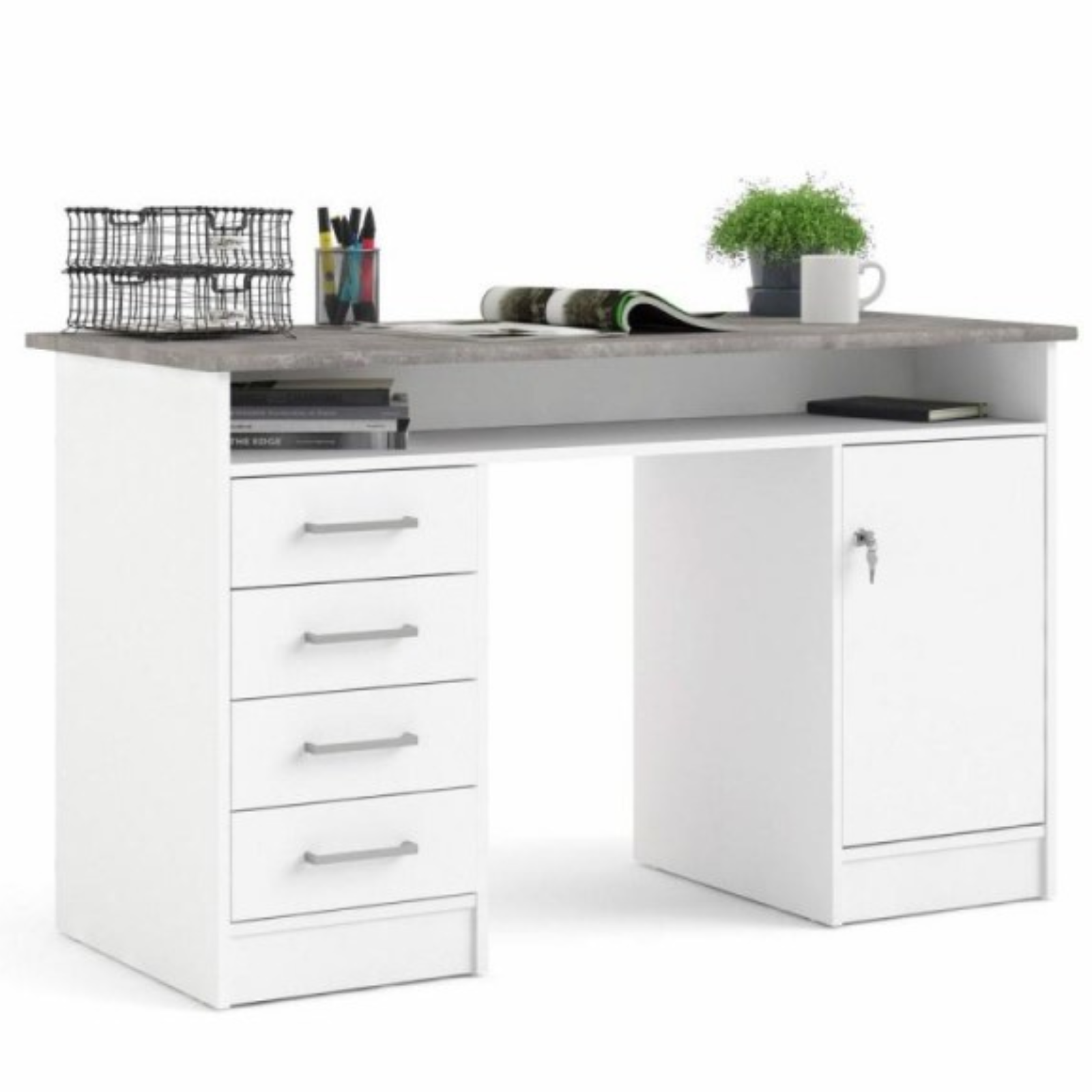 Scrivania da cameretta o ufficio "Chandler" in legno con 4 cassetti e anta contenitore bianco e cemento