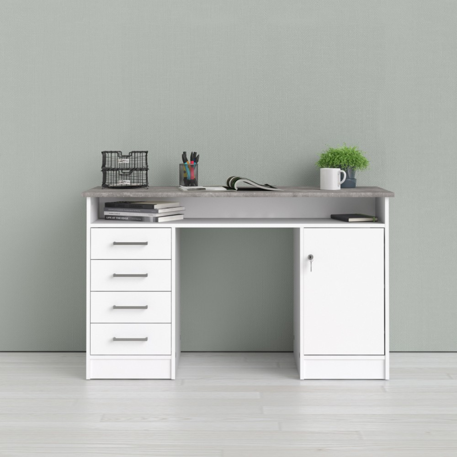 Scrivania da cameretta o ufficio "Chandler" in legno con 4 cassetti e anta contenitore bianco e cemento