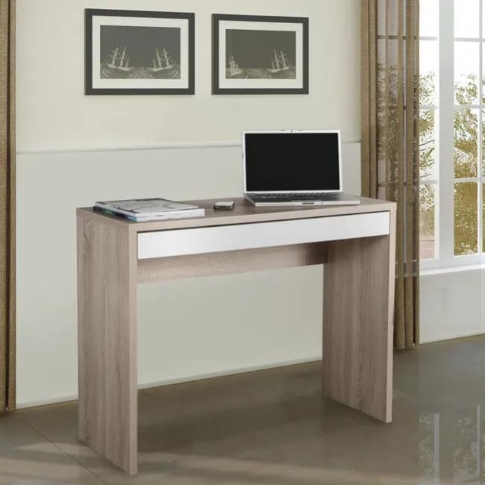 Scrivania da ufficio o camera "Tucso" in legno color rovere con cassetto contenitore bianco a guide metalliche