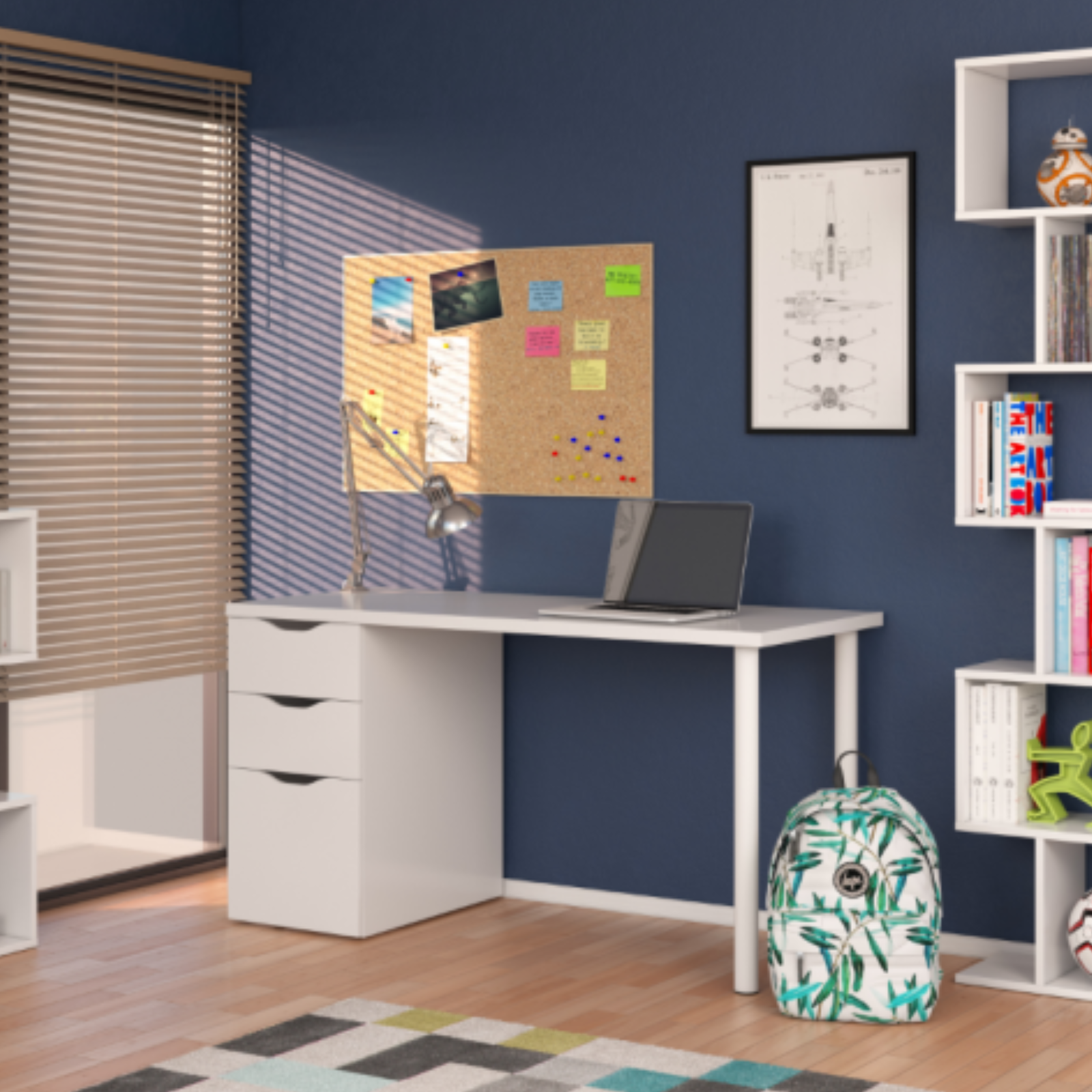 Scrivania in legno bianco da ufficio o cameretta "Atena" con 3 cassetti reversibili a guide metalliche