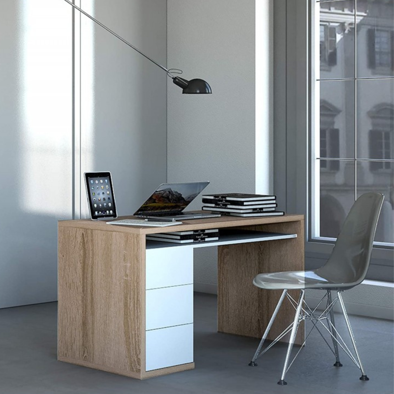 Scrivania da ufficio o camera "Litchfield" design moderno effetto finitura in legno con 3 cassetti laterali