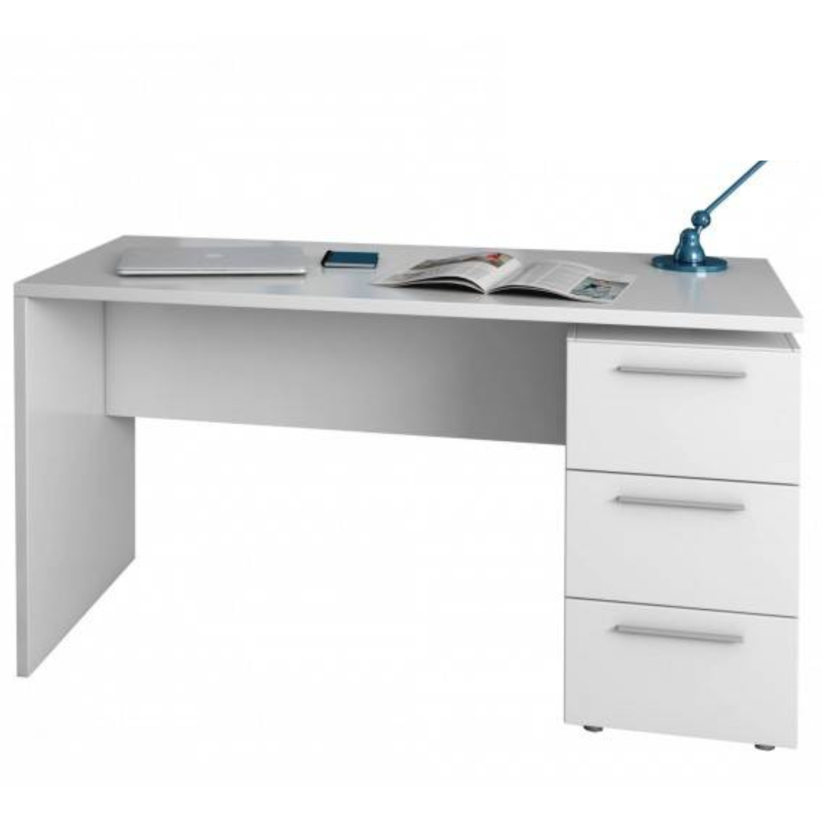 Scrivania da ufficio o camera "Tempe" bianco opaco in legno con 3 cassetti contenitore