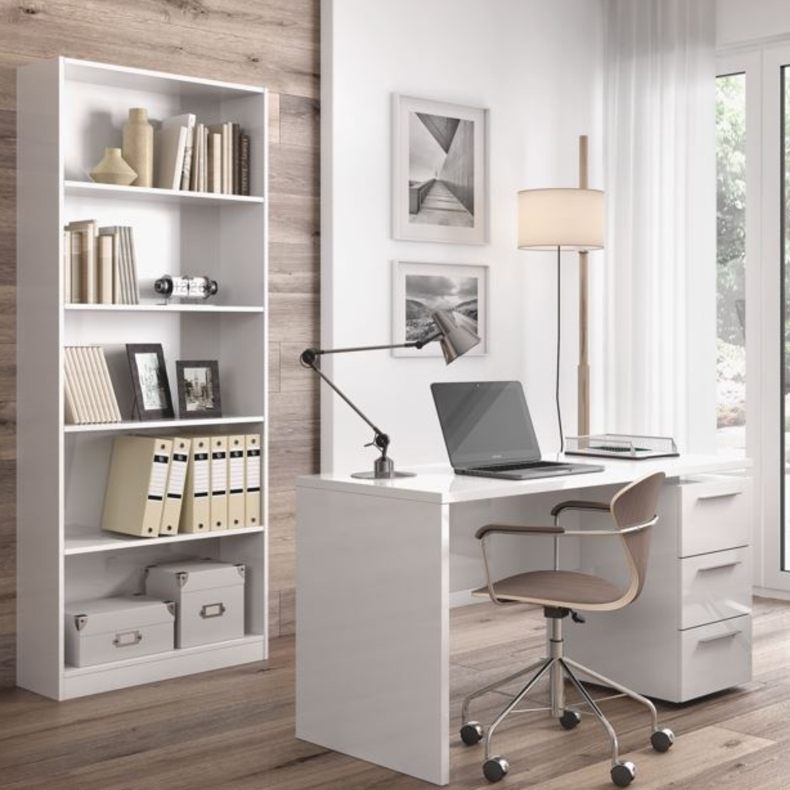 Scrivania da ufficio o camera "Tempe" bianco opaco in legno con 3 cassetti contenitore