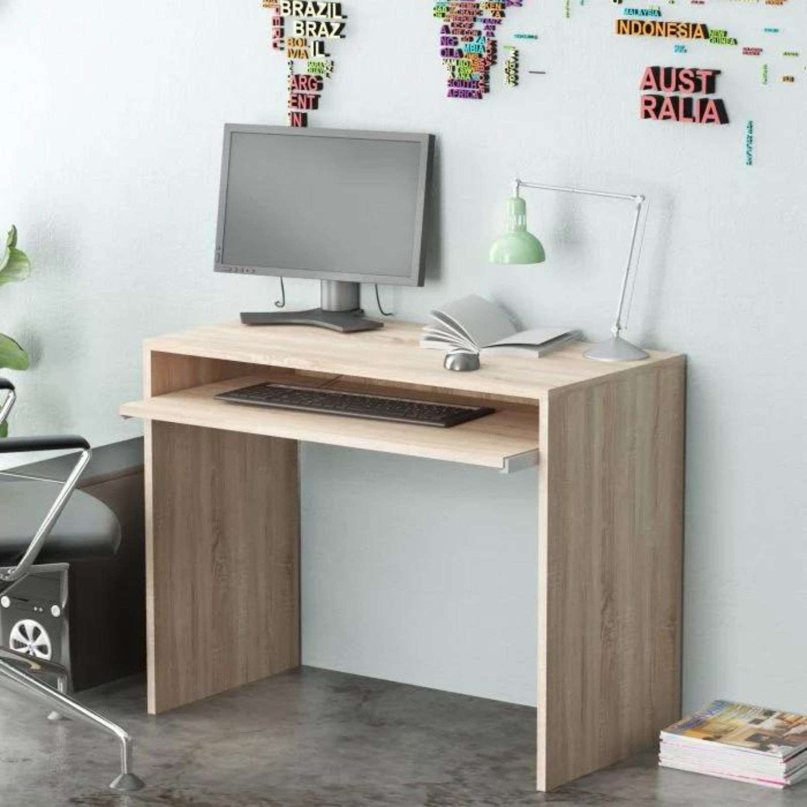Scrivania in legno "Jamir" da ufficio o cameretta rovere ripiano vano a giorno con guide metalliche