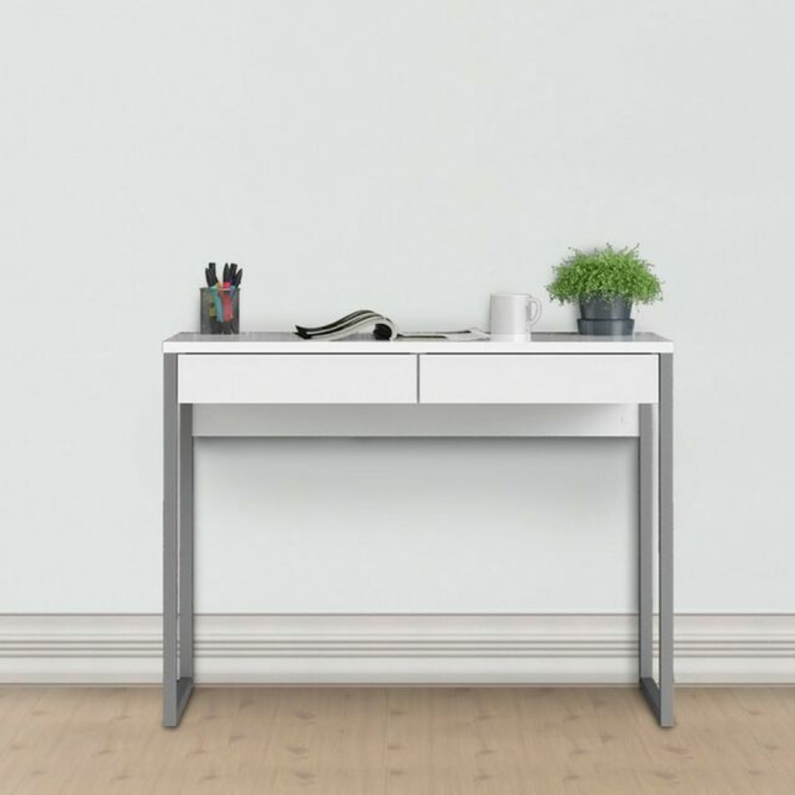 Scrivania da ufficio o cameretta "Safford" in legno bianco laccato con 2 cassetti
