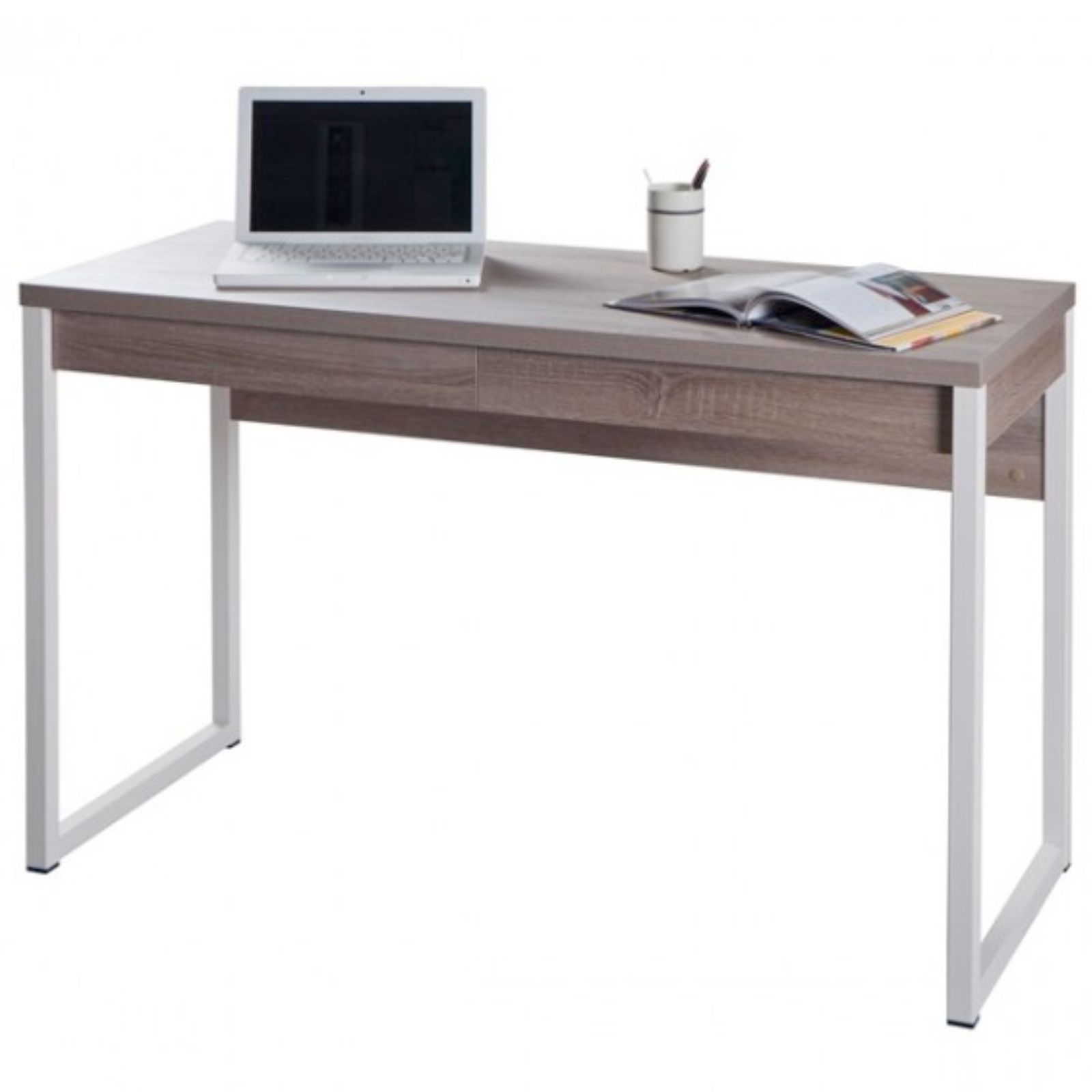 Scrivania in legno "Naoi" da ufficio o camera con 2 cassetti contenitori e gambe in metallo