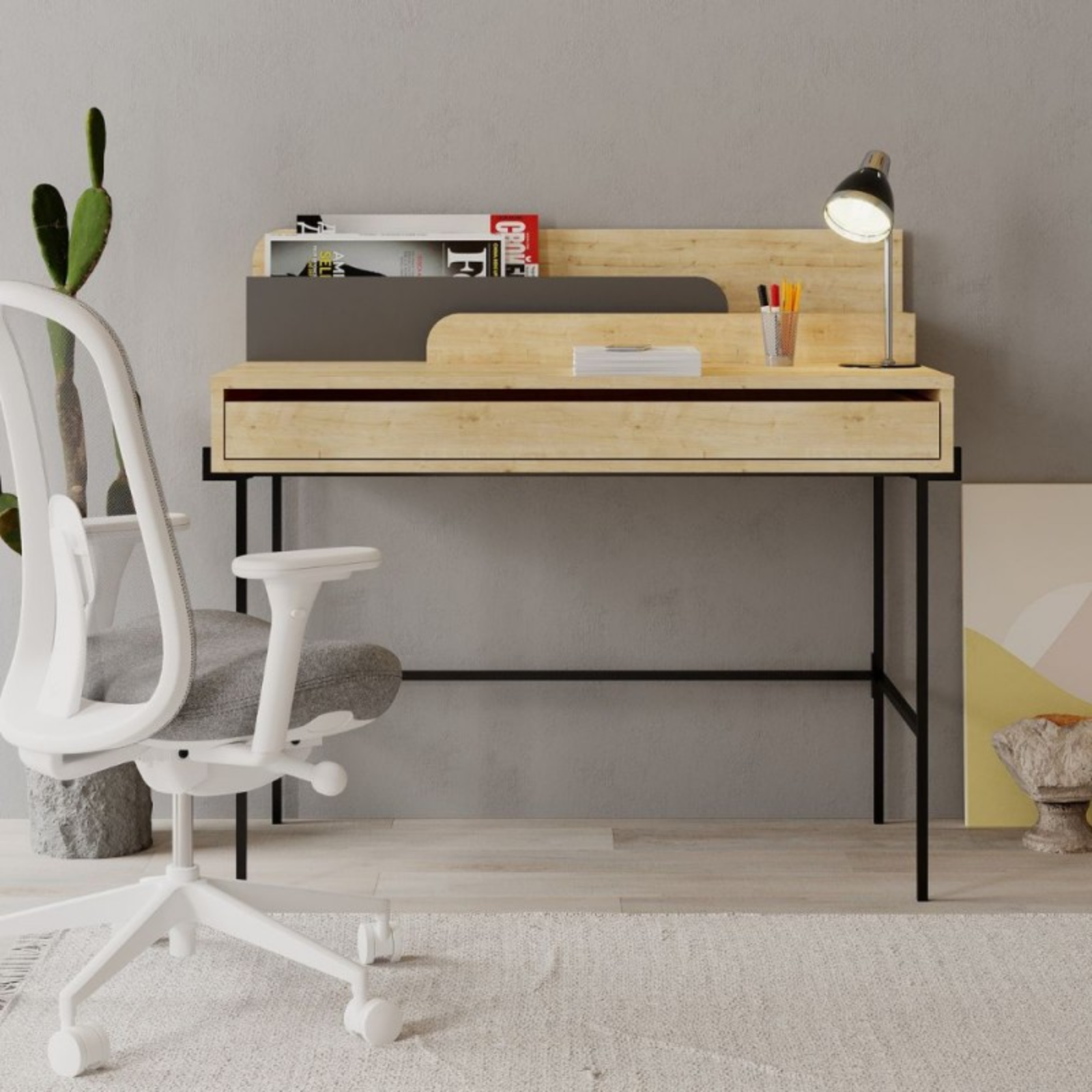 Scrivania 110x101 H design moderno rovere con dettagli antracite - Leil