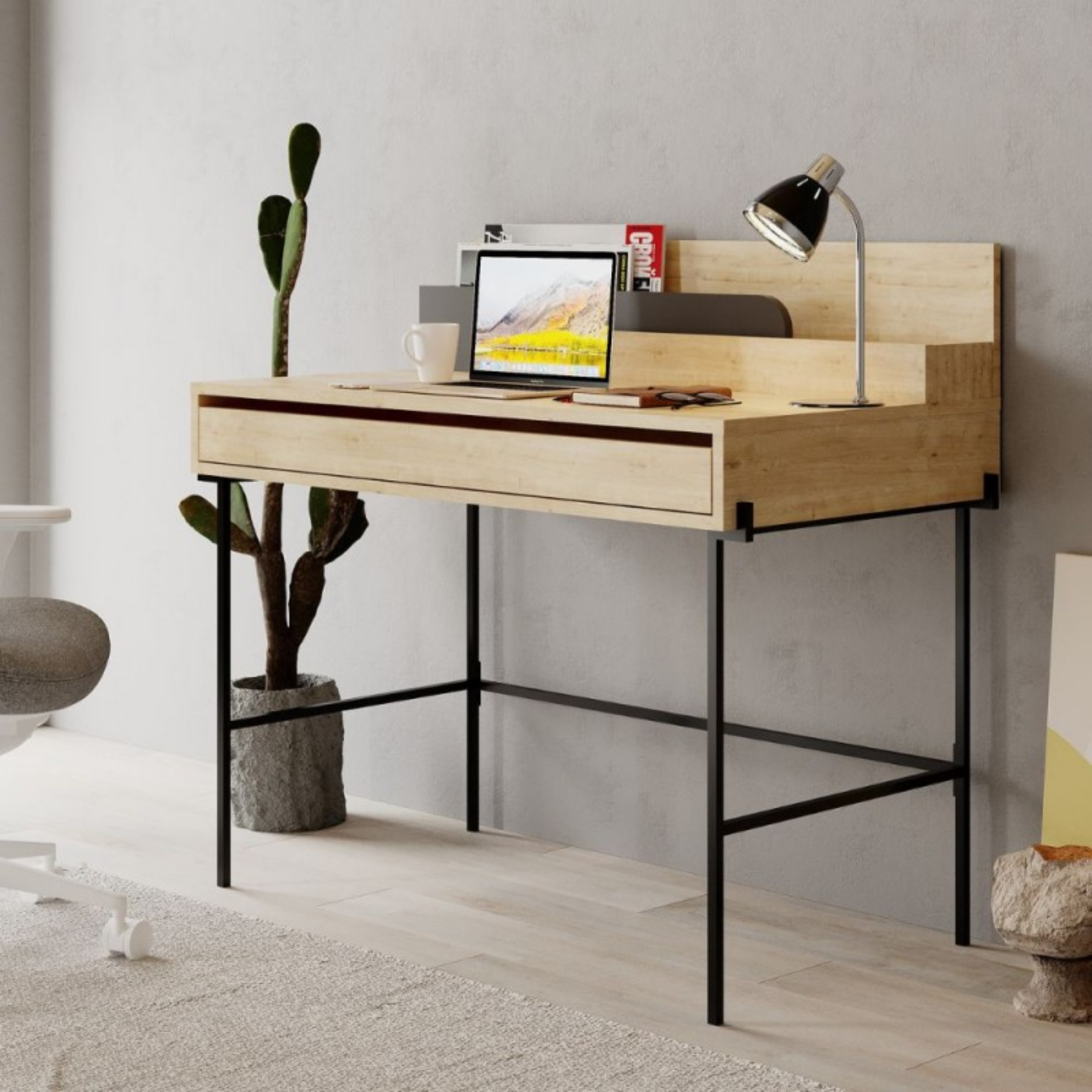 Scrivania 110x101 H design moderno rovere con dettagli antracite - Leil