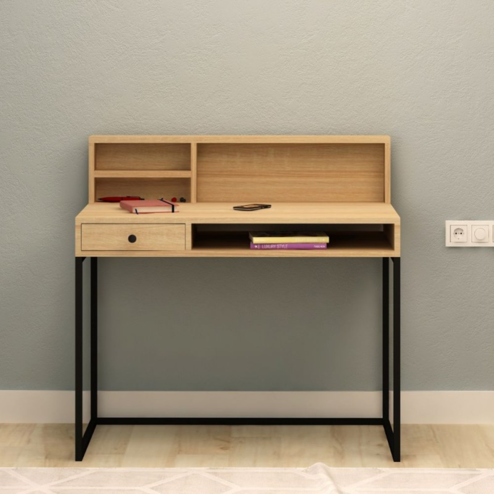 Scrivania 100x97H design moderno rovere con struttura in metallo nero - Nasu