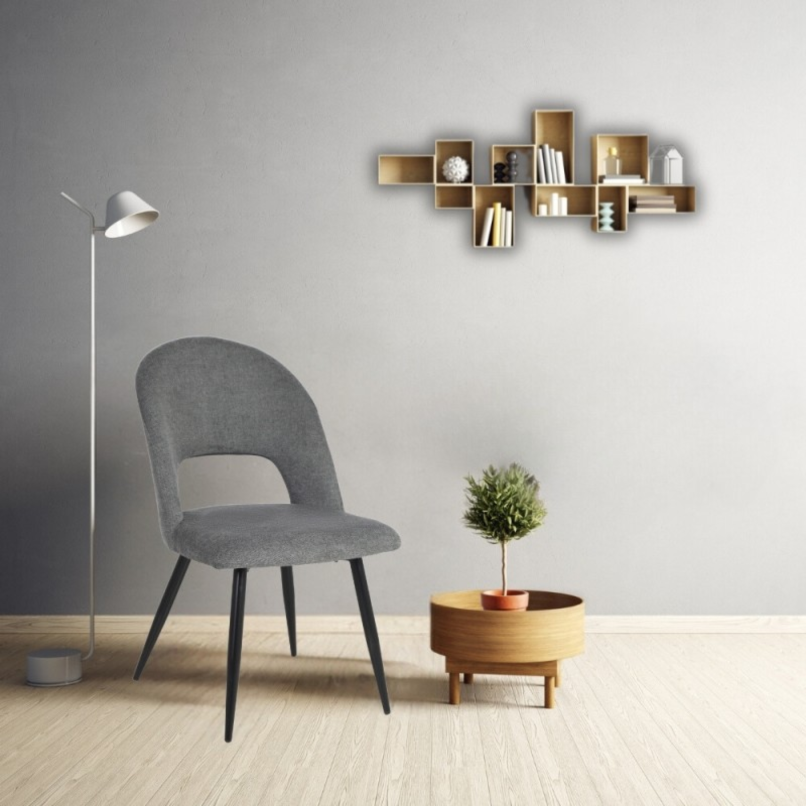 Sedia da pranzo design moderno in tessuto grigio e gambe in metallo nero - Lunetti