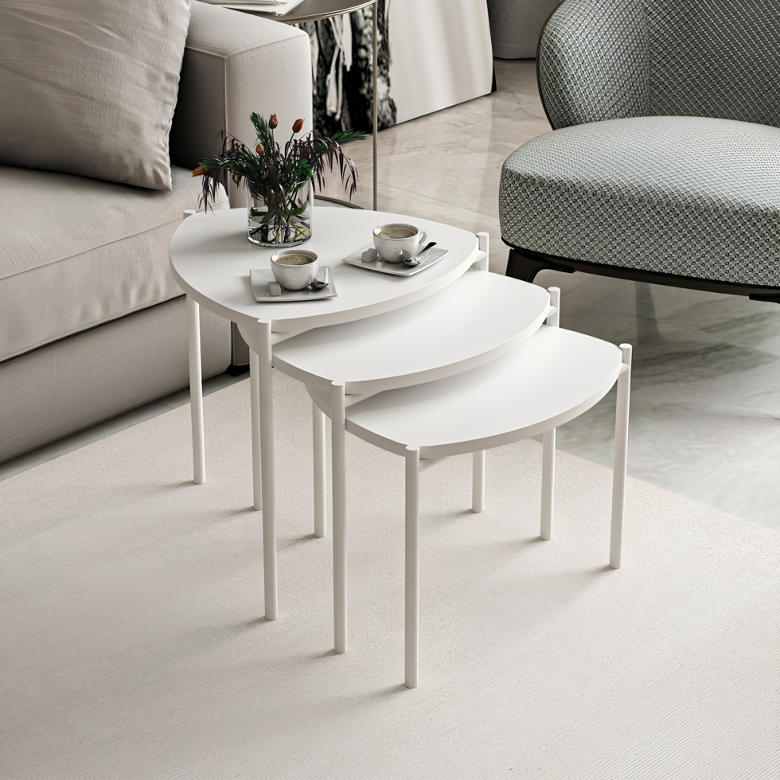 Set 3 pz tavolino da salotto struttura in metallo e piano in legno design moderno bianco - Lennim