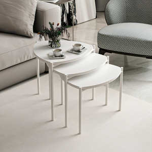 Set 3 pz tavolino da salotto struttura in metallo e piano in legno design moderno bianco - Lennim